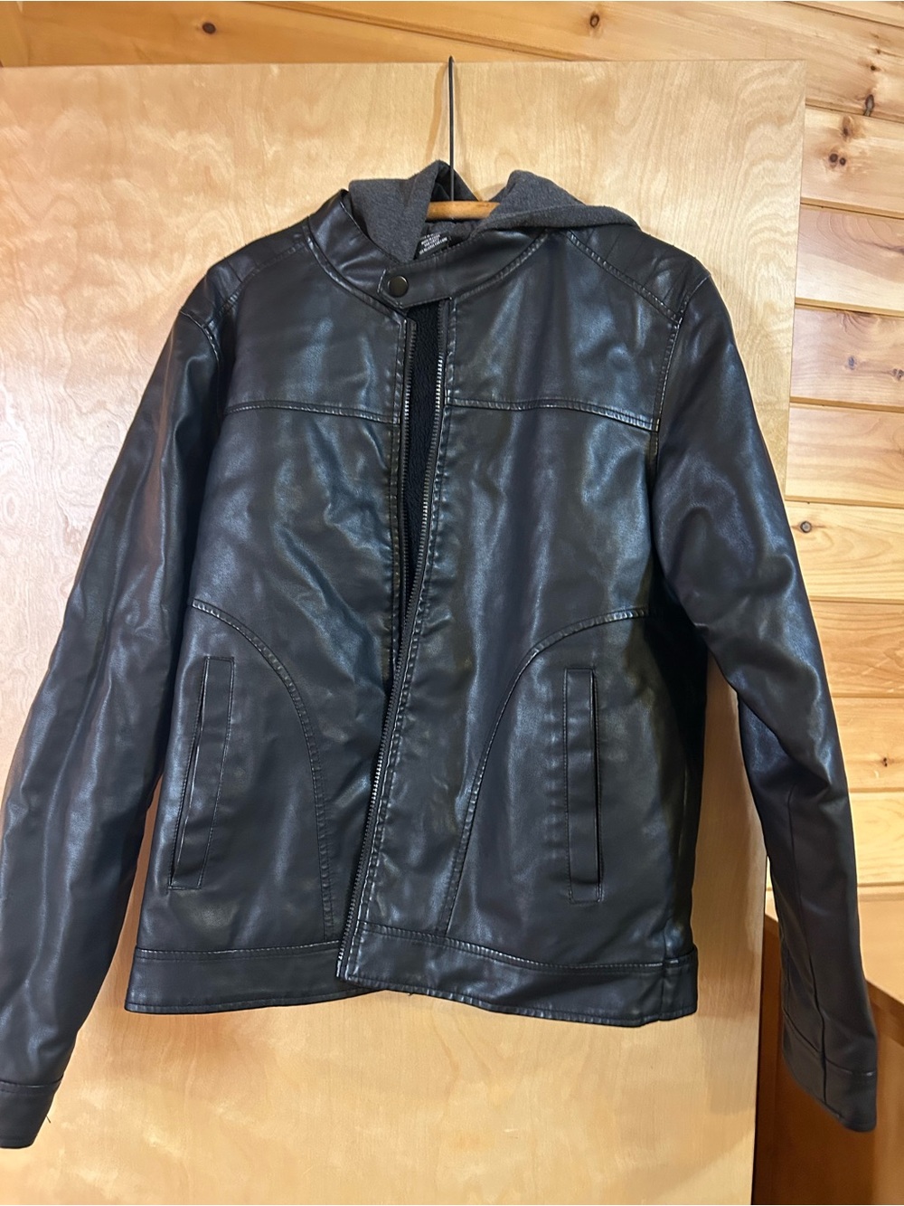 Ring of Fire Black Faux Leather Bomber Jacket with Gray Hood